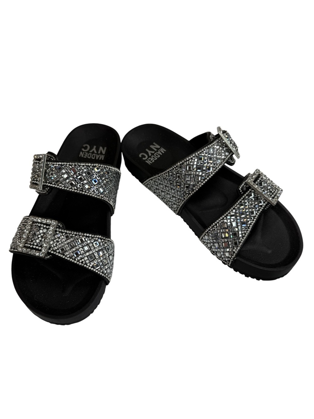 Madden NYC Rhinestone Double Buckle Slide Sandals Black Silver Women’s 6 - Picture 3 of 12